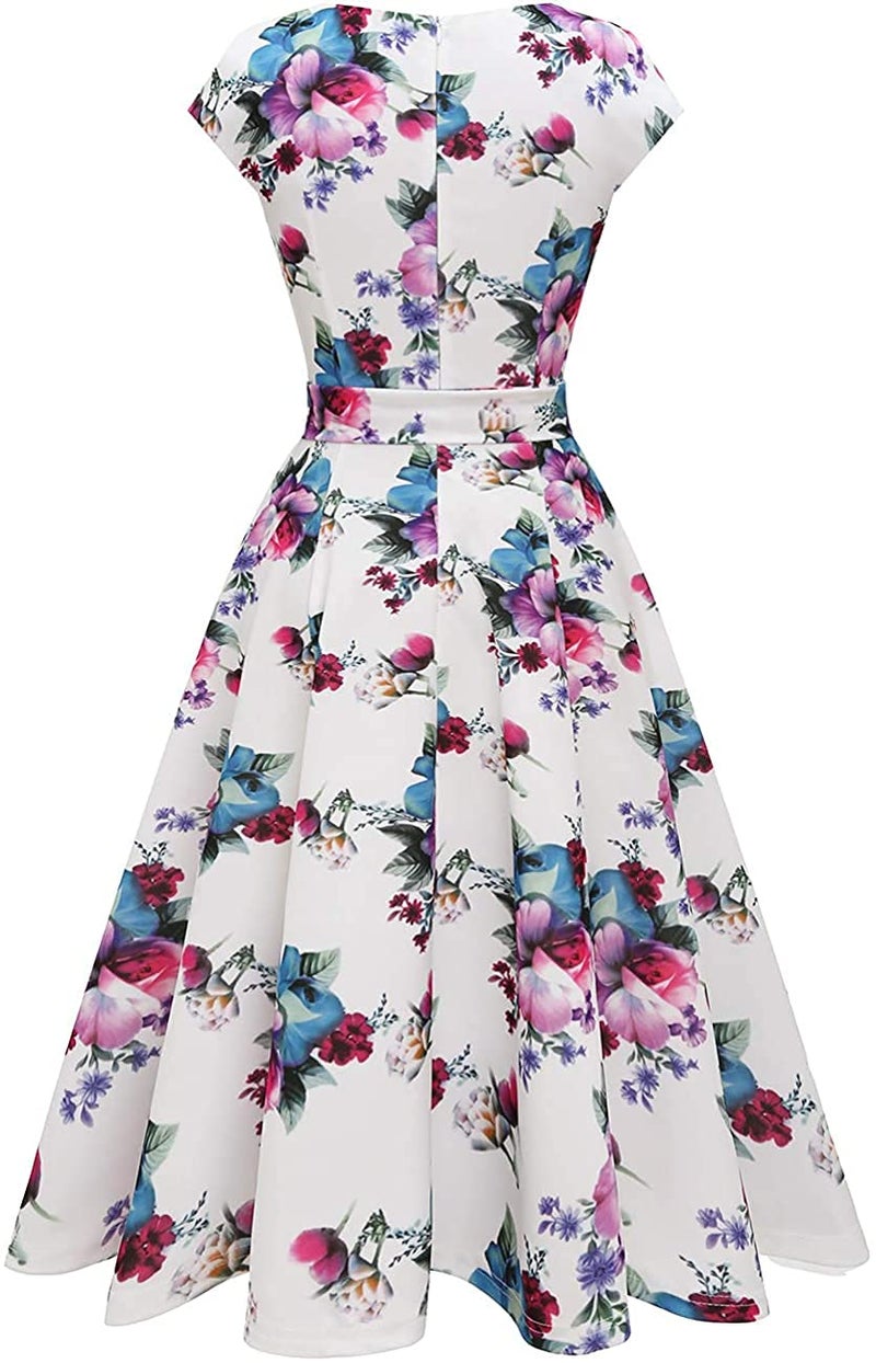 DRESSTELLS Cocktail Womens Floral Dresses for Wedding Guest Semi Formal Spring Summer Easter Modest Church Tea Party Retro Dress Print White Flower L - Image 4